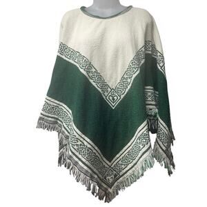 Loomcroft Irish Celtic Knot Green Cream Reversible Knit Blanket Poncho One Size